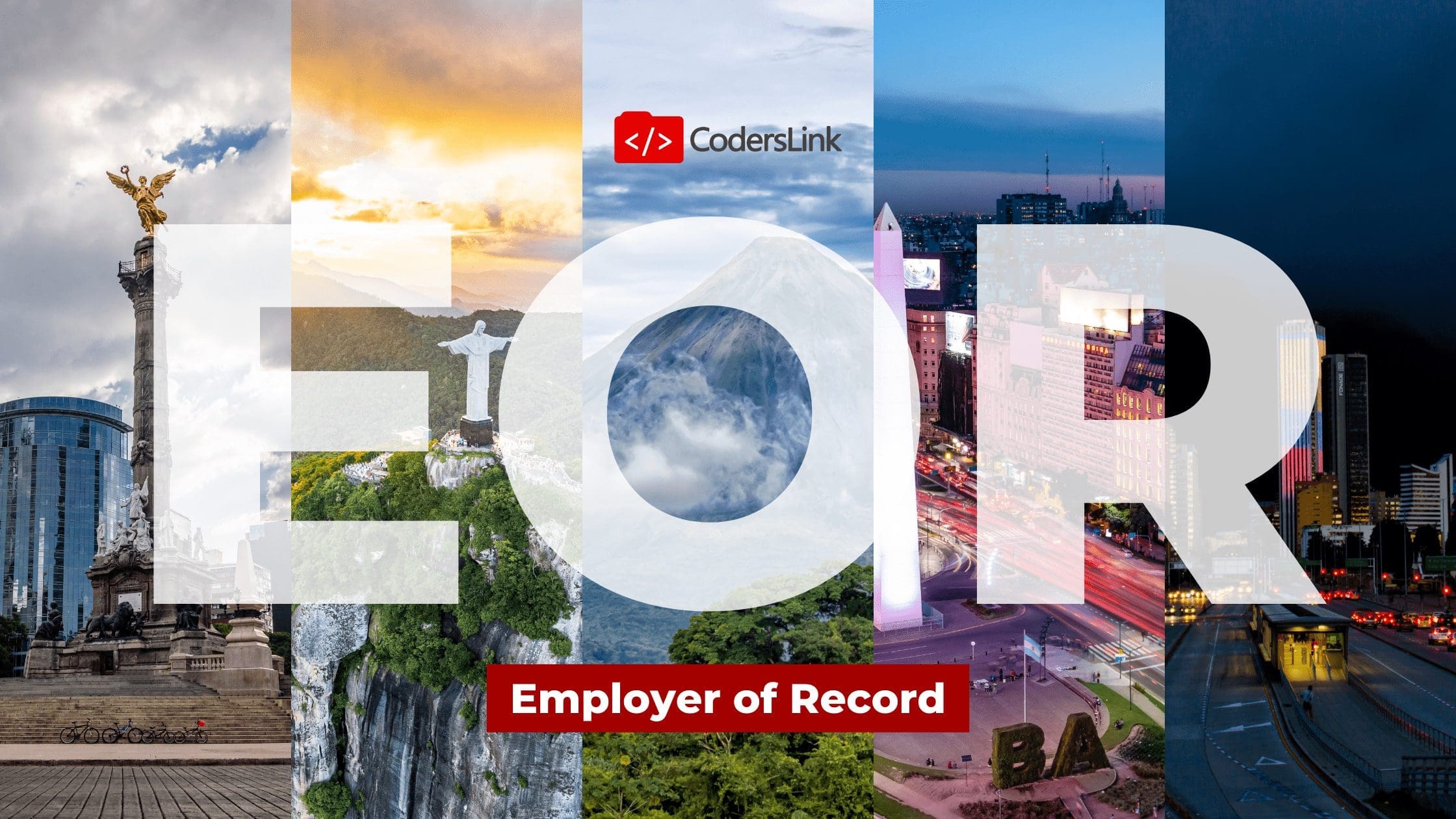 A vibrant image featuring the large letters "EOR" with scenic backgrounds of different cities and landscapes. Above the letters is the CodersLink logo, and below, a red banner reads "Employer of Record Latin America. CodersLink 2024.