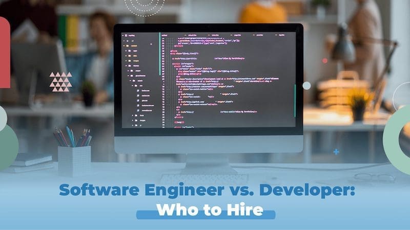 A computer monitor on a desk displaying code in a text editor. The background shows a blurred office environment with people working and various office supplies. The text on the image reads, "Software Engineer vs Developer: Who to Hire? CodersLink 2024.