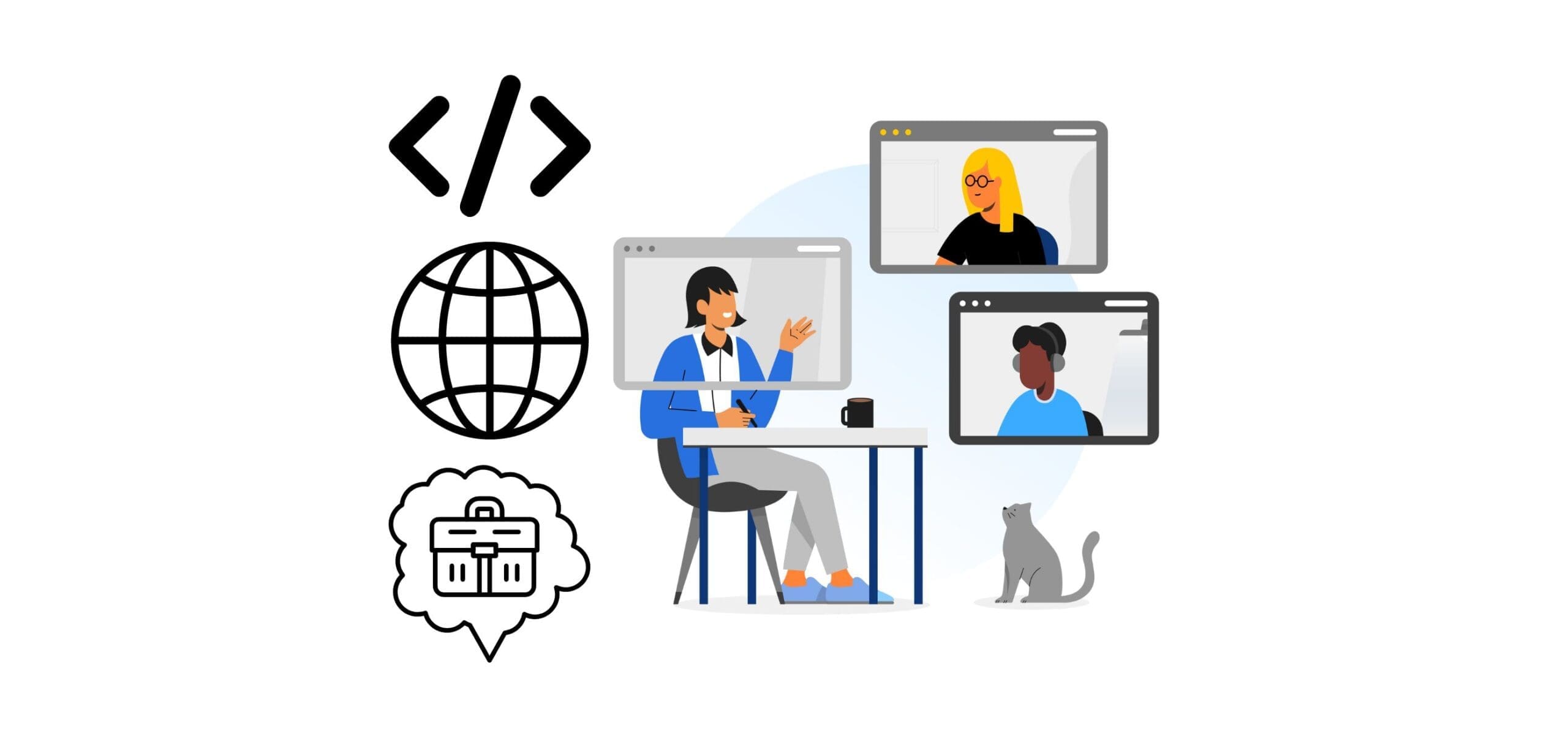 Illustration of a person sitting at a desk during a virtual meeting with three on-screen participants. Icons include HTML code, a globe, and a thinking cloud with a storefront. A cat sits beside the desk, providing comfort during what appears to be an entrevista técnica. CodersLink 2024.