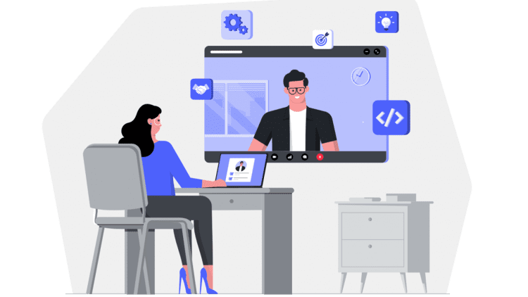An illustration of a woman seated at a desk using a laptop, participating in a video conference with a man displayed on a large screen. Various icons around the screen represent settings, target, idea, and coding. The scene captures her following a guía para prepararse for an examen técnico en TI in modern, minimalist style. CodersLink 2024.