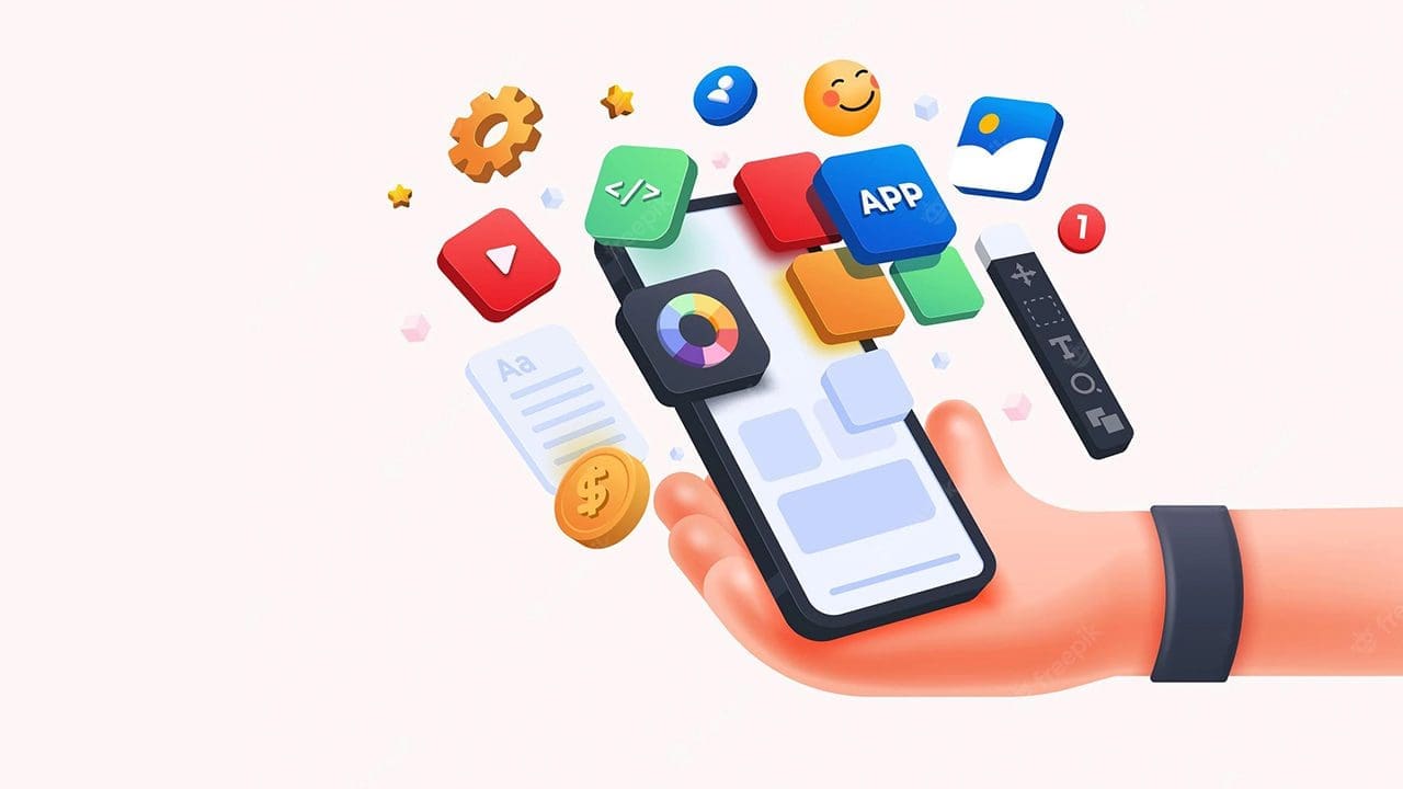 An illustration of a hand holding a smartphone with various colorful app icons floating above the screen, including a gear, chat bubble, video play button, and a "Like" symbol. The background is plain white, emphasizing the vibrant icons and the phone—perfect for exploring tipos de aplicaciones móviles. CodersLink 2024.