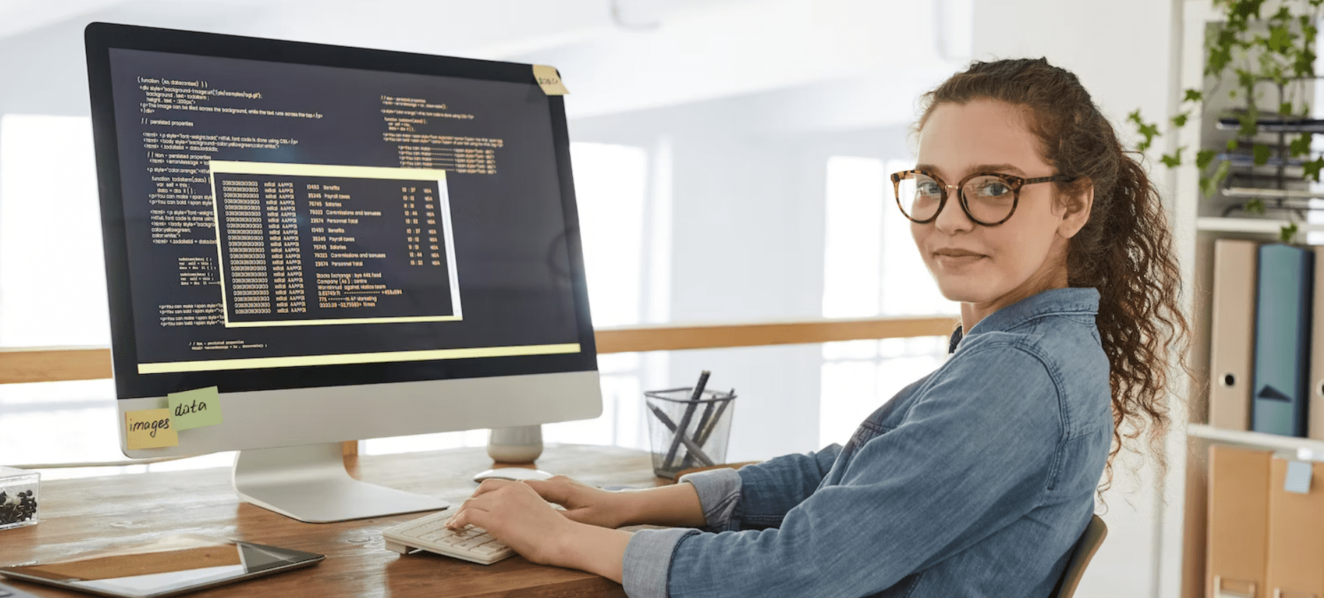 A desarrollador web sits at a desk working on a large desktop computer displaying code. They are in a well-lit, modern office space with shelves and plants in the background. The person is looking over their shoulder, facing the camera. CodersLink 2024.