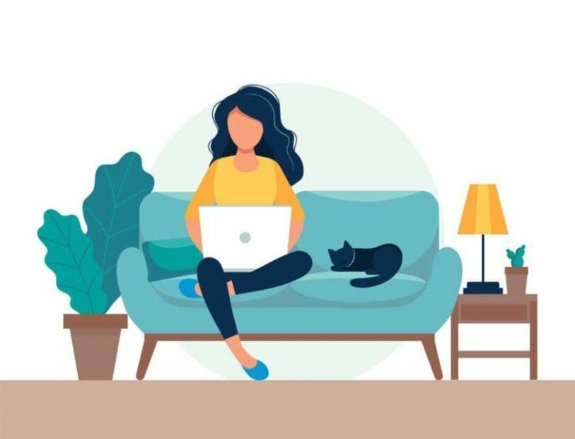 An illustration of a woman sitting on a teal sofa with crossed legs, using a laptop to buscar trabajo. A black cat is lying next to her. There are two potted plants on either side of the sofa and a side table with a lamp and a small plant. The background is minimalistic. CodersLink 2024.