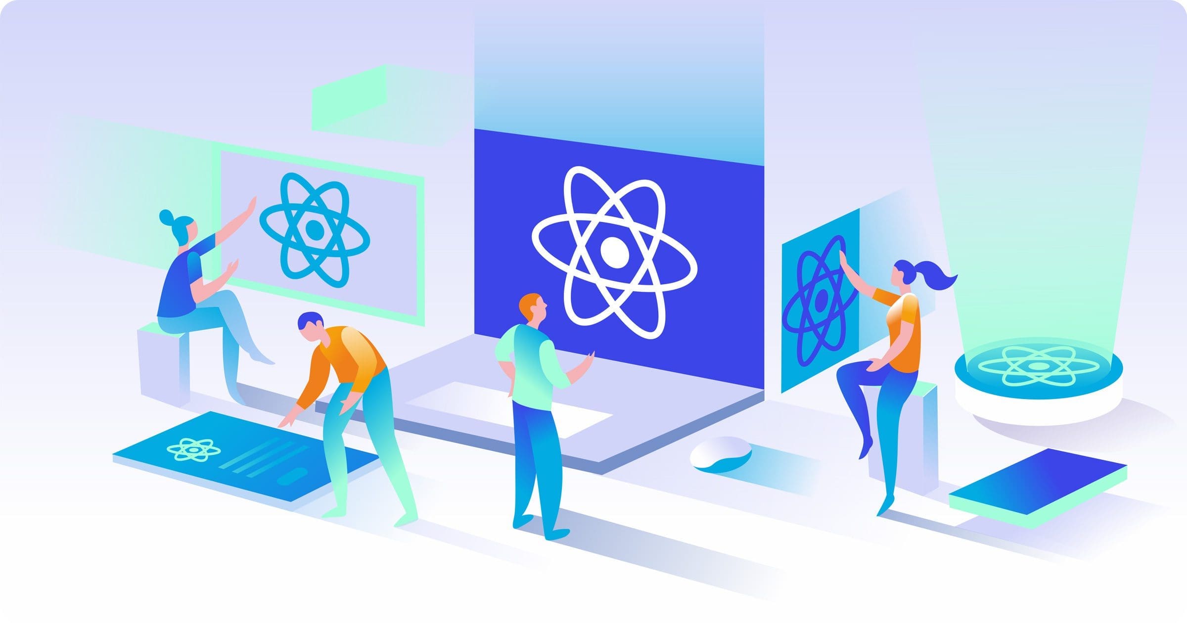 Illustration of four people collaborating in front of large screens displaying the React logo. Two individuals are on either side of a central screen, one sitting on the left, and another interacting with a tablet on the floor. All are in a minimalist, abstract setting, focused on proyectos using React. CodersLink 2024.