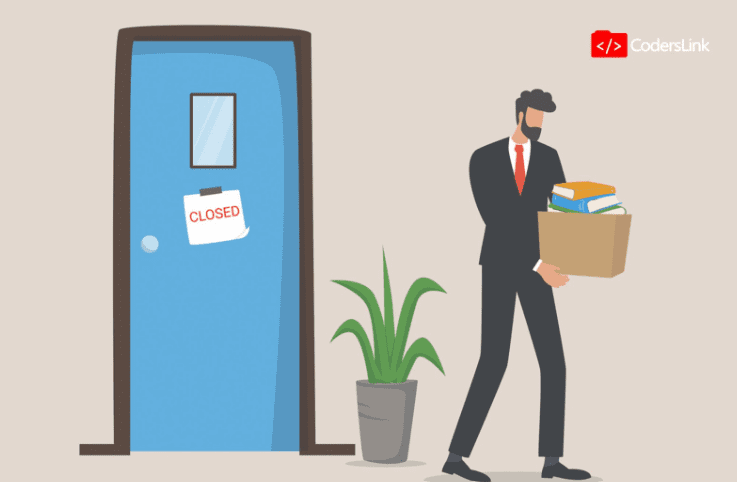 Illustration of a man in a suit holding a box of belongings, walking away from a closed office door with a 'CLOSED' sign on it. A potted plant is beside the door, and the logo 