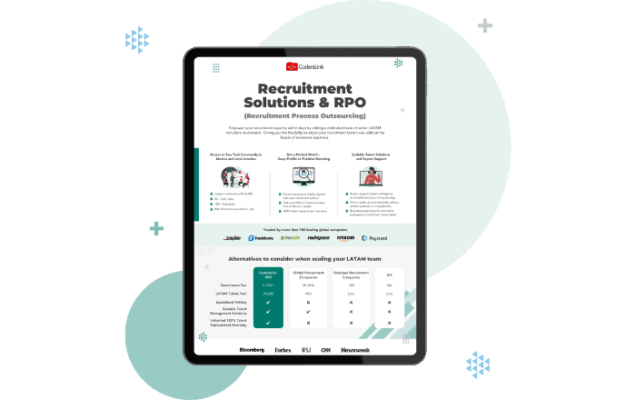 A tablet displaying CoderLink's Recruitment Solutions & RPO services one pager. The page includes graphics, an ultimate guide to services offered, a comparison table of recruitment platforms, and logos of affiliated companies like Indeed, LinkedIn, and Recruiter. CodersLink 2024.