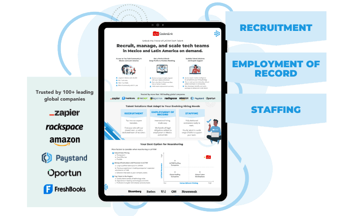 Image showing a tablet displaying a webpage by CodersLink, detailing their comprehensive solutions for recruiting, managing, and scaling tech teams in Mexico and Latin America. Services listed include tech recruitment, employment of record, and staffing. Logos of partner companies are visible. CodersLink 2024.