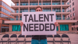 A person stands outdoors holding a large sign reading "TALENT NEEDED" in bold letters. The background features a multi-story building with balconies and a row of empty chairs, highlighting the necessity for efficient Recruitment Process Outsourcing solutions. CodersLink 2024.