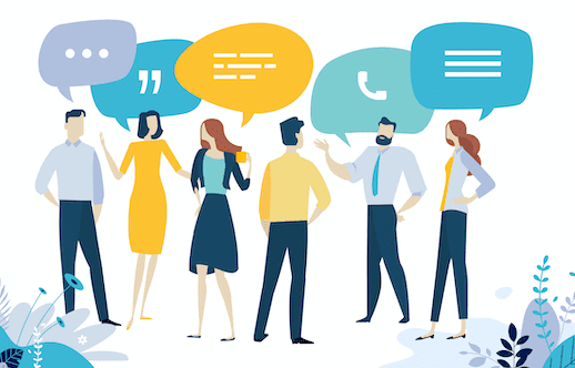 Illustration of six people engaged in conversation, each with a speech or thought bubble above their head. The bubbles contain various communication symbols such as text, quotation marks, and a phone icon. The background has abstract shapes and floral designs, reflecting Comunicación Efectiva in action. CodersLink 2024.