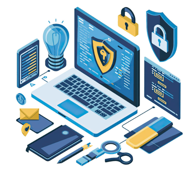 Illustration of a laptop displaying a shield and padlock icon, symbolizing Seguridad Informática in 2024. Surrounding the laptop are icons of a lightbulb, a tablet, security badges, a locked envelope symbolizing Protección de Datos, a notebook, a pencil, a USB drive, and magnifying glass. CodersLink 2024.