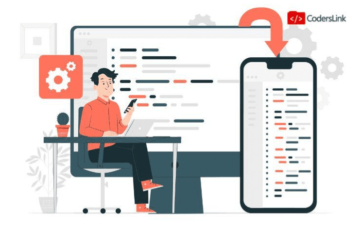 Illustration of a person sitting at a desk with a laptop, holding a smartphone. A large screen displays code, and an arrow points to a smartphone screen with similar code. The CodersLink logo is in the top right corner. CodersLink 2024.