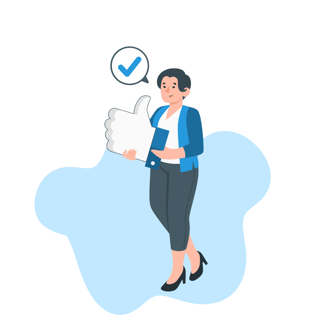 Illustration of a person in business attire holding a large thumbs-up symbol, reflecting effective benefit strategies. A checkmark is above them, all set against a light blue abstract background. CodersLink 2024.