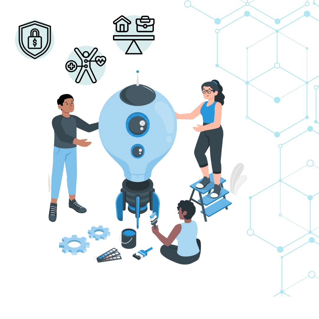 Illustration of three people assembling a futuristic rocket. Surrounding elements include gears, tools, and tech icons, highlighting innovation and collaborative benefit strategies. Hexagonal patterns decorate the right side, symbolizing connectivity. CodersLink 2024.