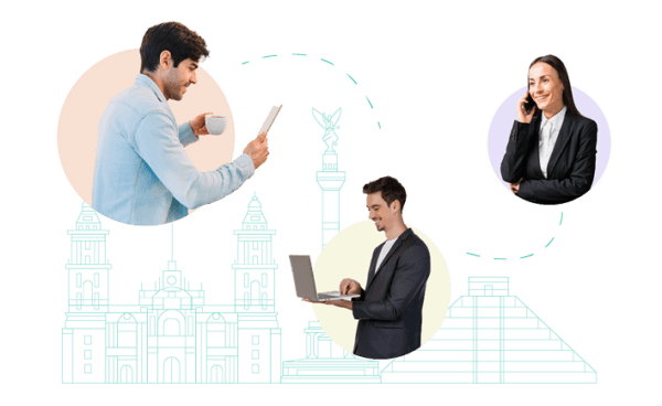 Three IT Team professionals work and communicate digitally, overlaid on turquoise outlines of Mexican landmarks—including the Angel of Independence, Metropolitan Cathedral, and a pyramid. CodersLink 2025.