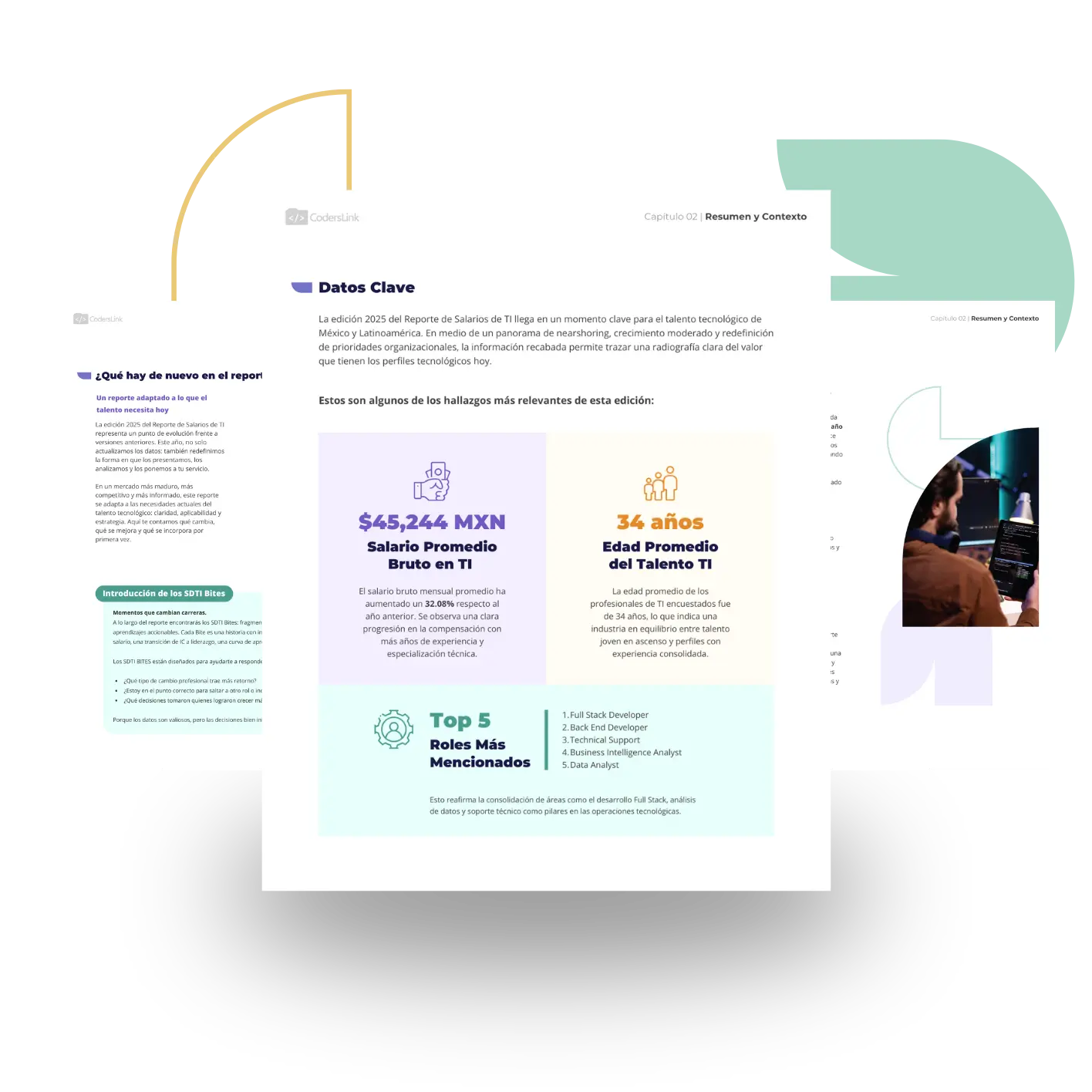 Two overlapping report pages in Spanish show data on Salarios de TI en México. Key highlights include average gross salary, average age of tech talent, and top roles, with graphic icons and a sidebar featuring key updates from the reporte. CodersLink 2025.