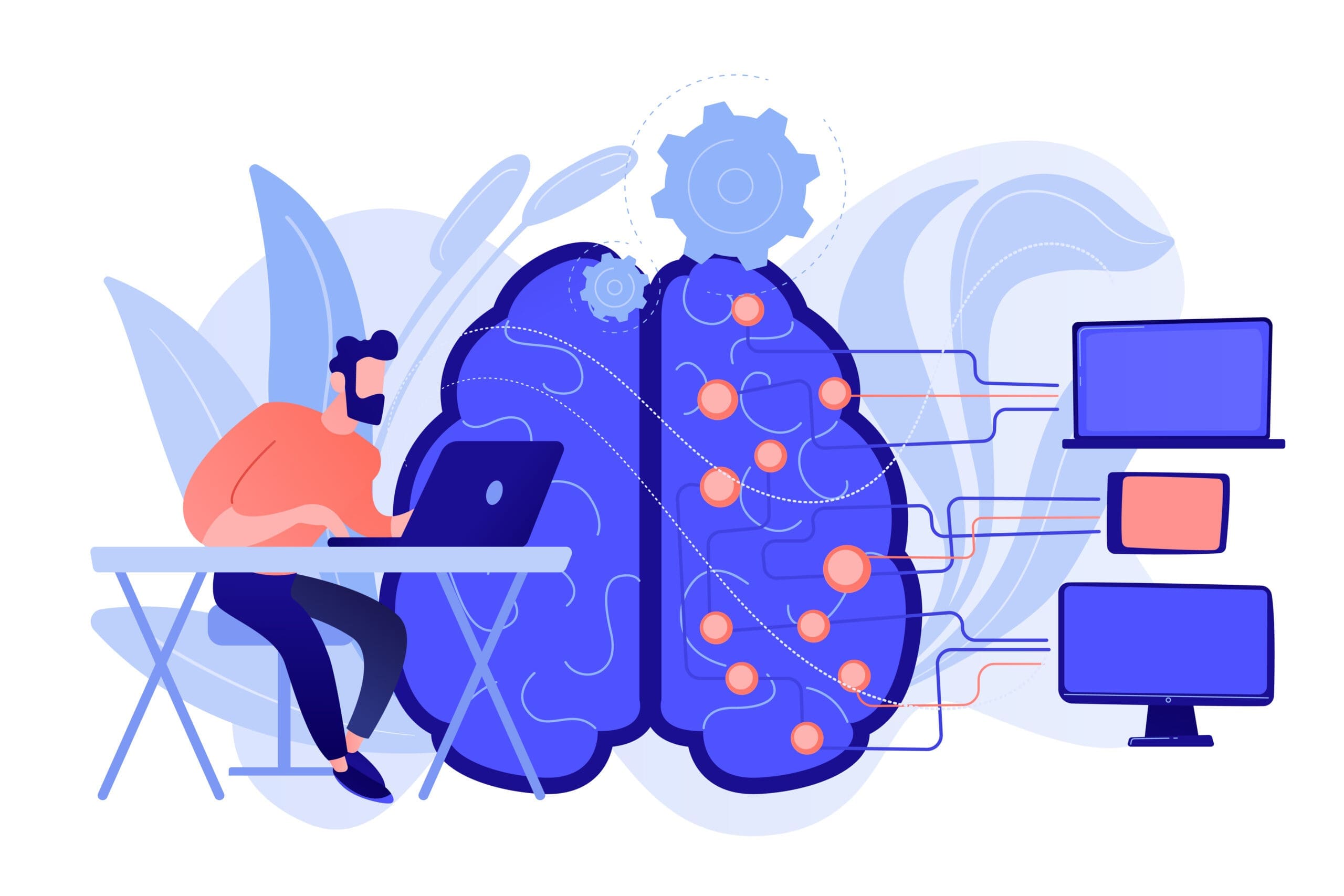 Machine Learning para desarrolladores: primeros pasos, lenguajes y herramientas clave Illustration of a person working on a laptop next to a large brain with gears and connected nodes, linking to computer screens—symbolizing how desarrolladores use herramientas clave in artificial intelligence and machine learning technology. CodersLink 2025.