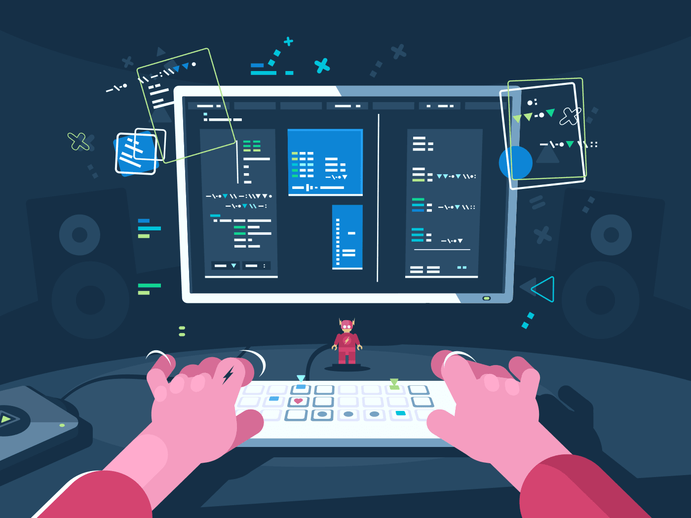 Principios SOLID: La base del código limpio y escalable A person with pink hands types on a keyboard in front of a large computer screen displaying código limpio. Floating code snippets, speakers, and a small superhero figurine are also visible on the desk. CodersLink 2025.