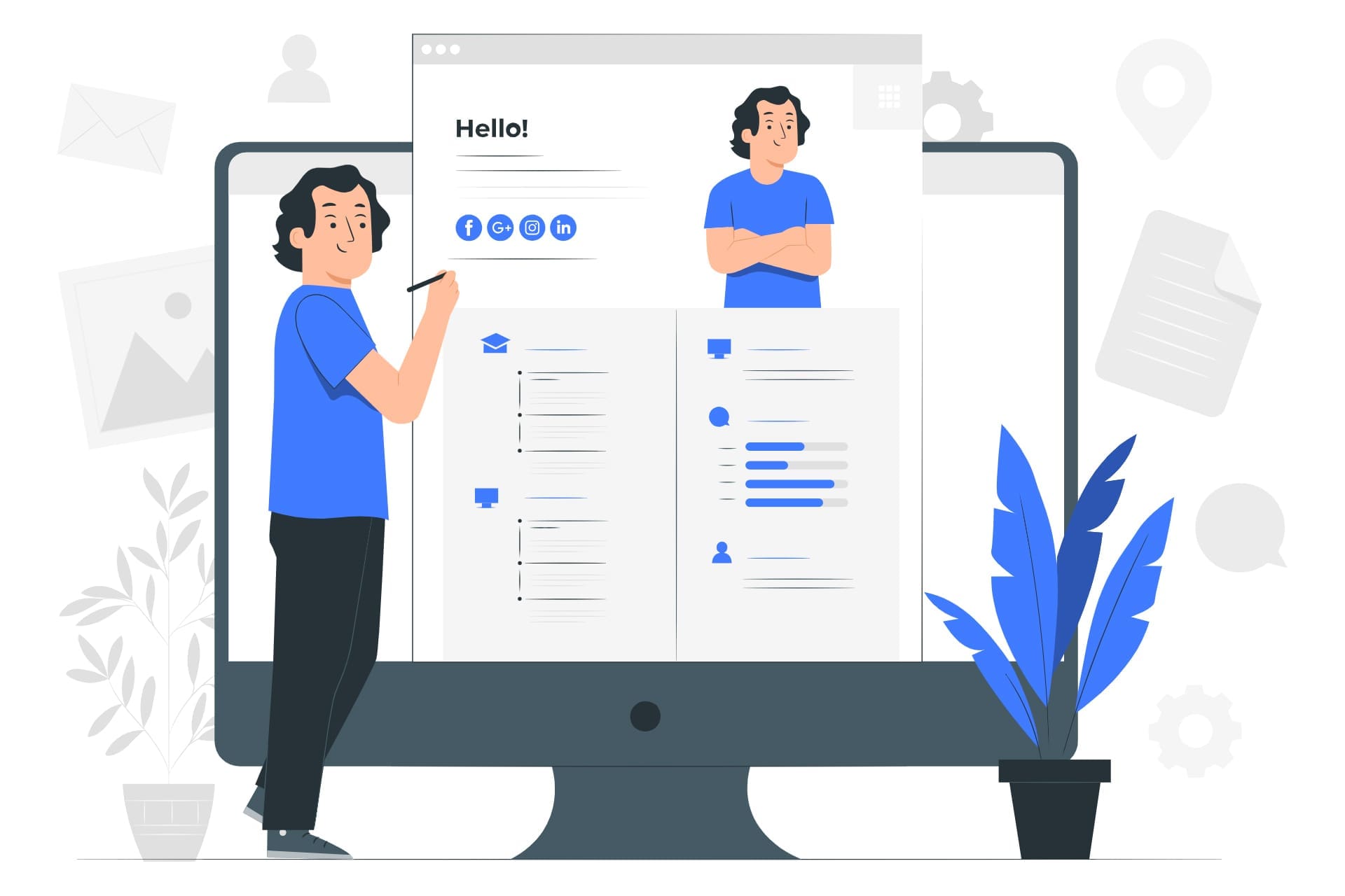 Illustration of a person standing next to a large computer monitor displaying an online CV para filtros de AI, with icons, profile photo, and text. Plants and office elements decorate the scene. CodersLink 2025.