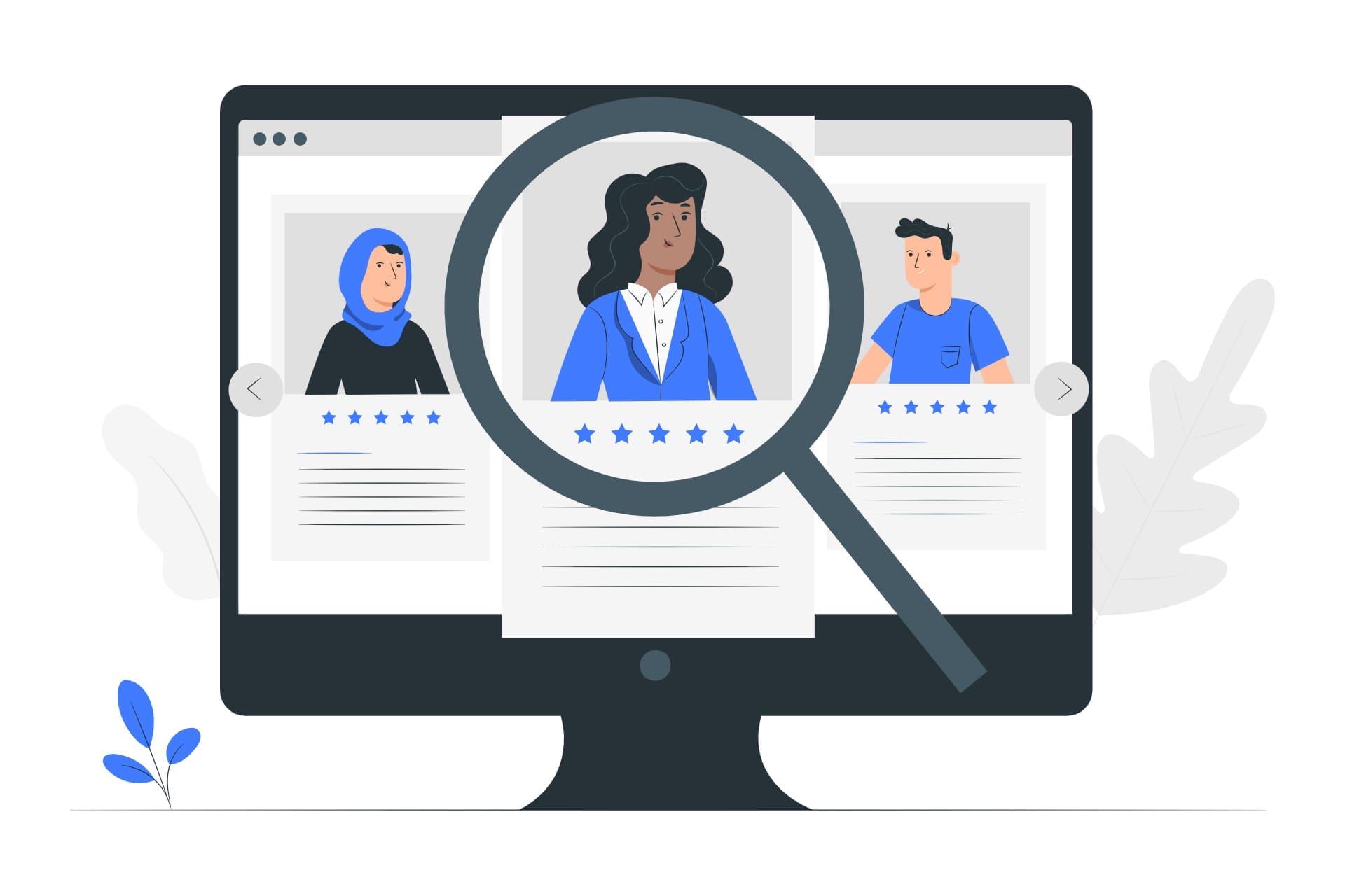 Cómo estructurar tu CV para los filtros de ATS Illustration of a computer screen displaying three candidate profiles, with a magnifying glass highlighting the profile of a woman in a blue suit, suggesting cómo estructurar CV para ATS y aplicar filtros de ATS en la selección online. CodersLink 2025.