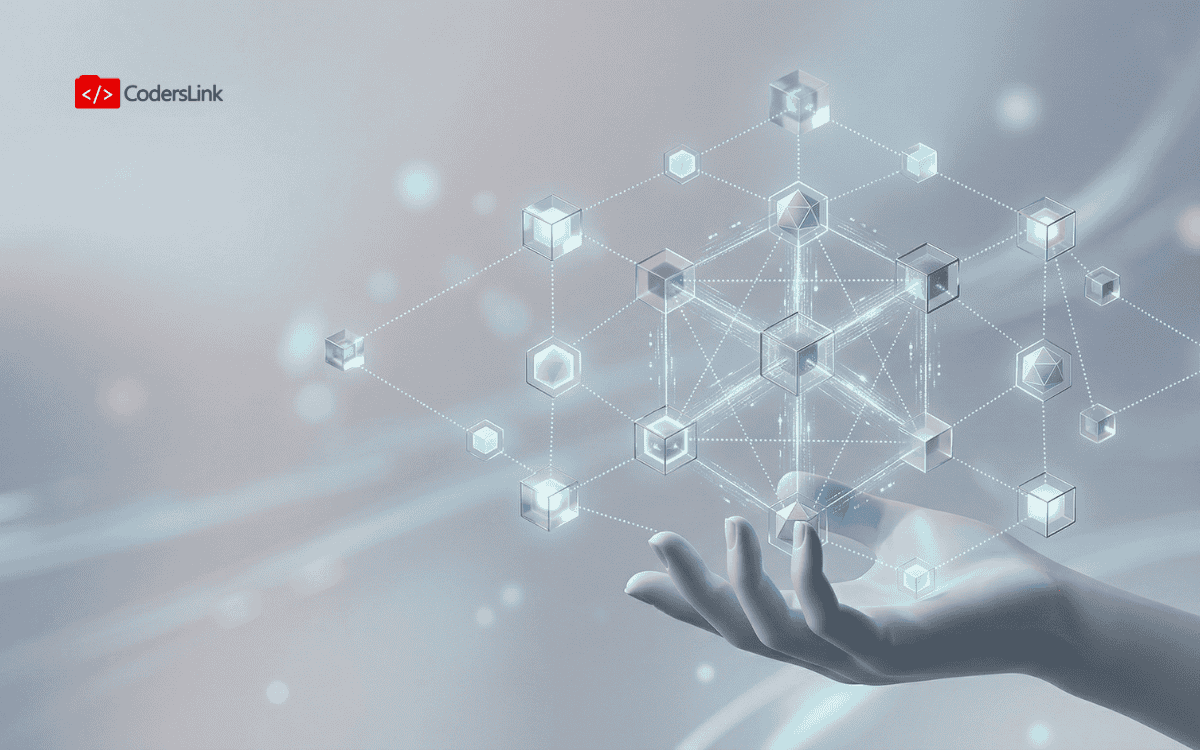 A glowing digital representation of a blockchain network and decentralized finance (DeFi) architecture, highlighting the specialized skills needed to hire DeFi developers for fintech platforms.