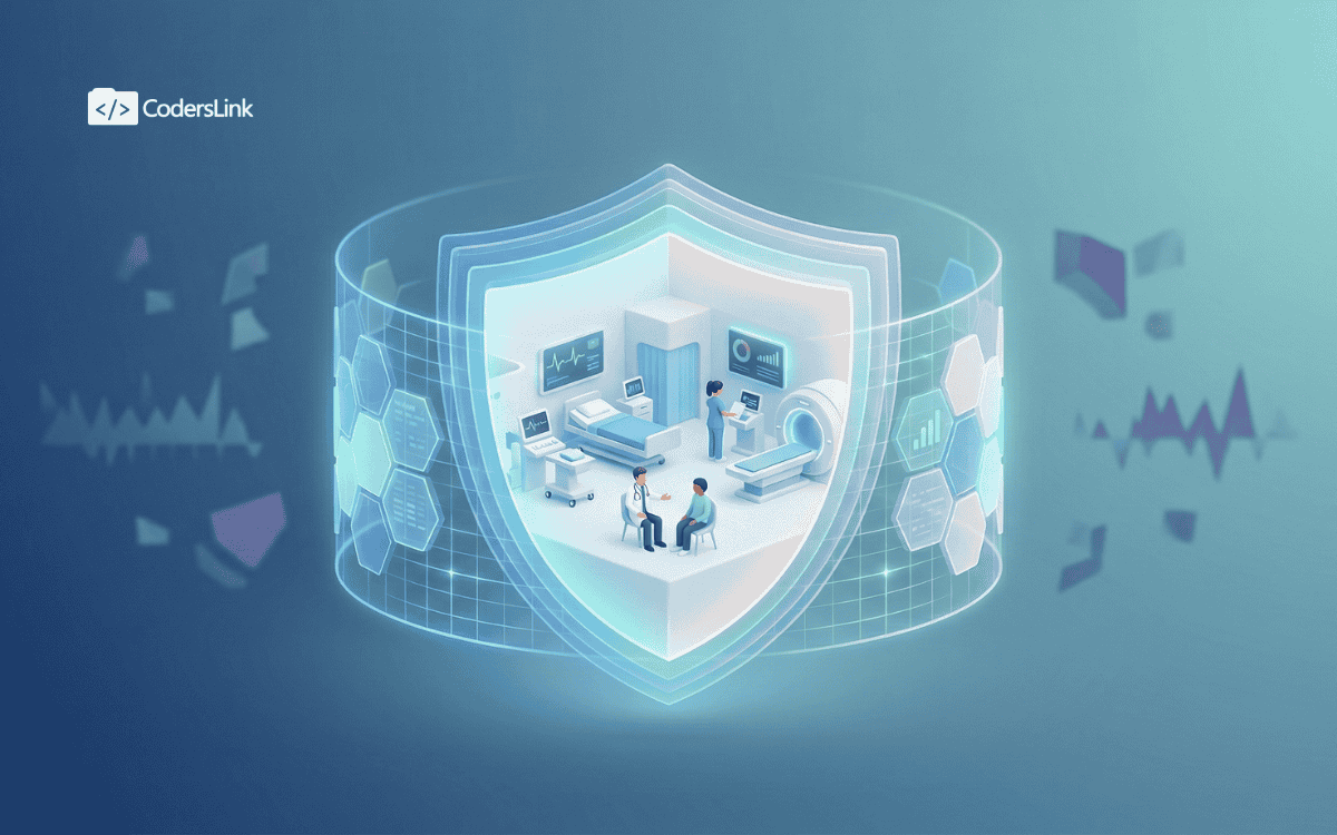 A digital illustration of a hospital scene inside a glowing shield, symbolizing cybersecurity in healthcare. Featuring HIPAA app development services, doctors, patients, and medical equipment with data and tech elements in the background. CodersLink 2025.