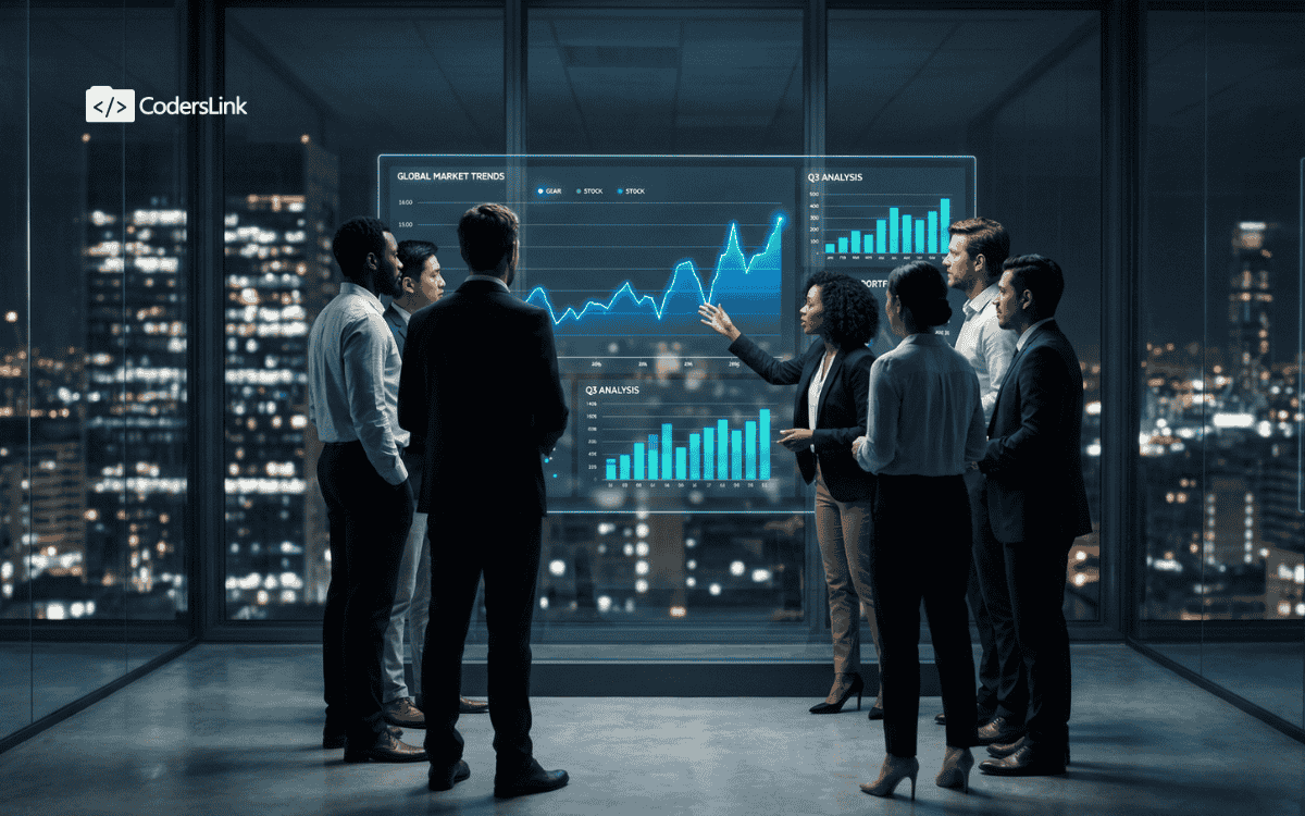 A collaborative fintech engineering squad analyzing global market trends and Q3 data on a digital dashboard, illustrating the 