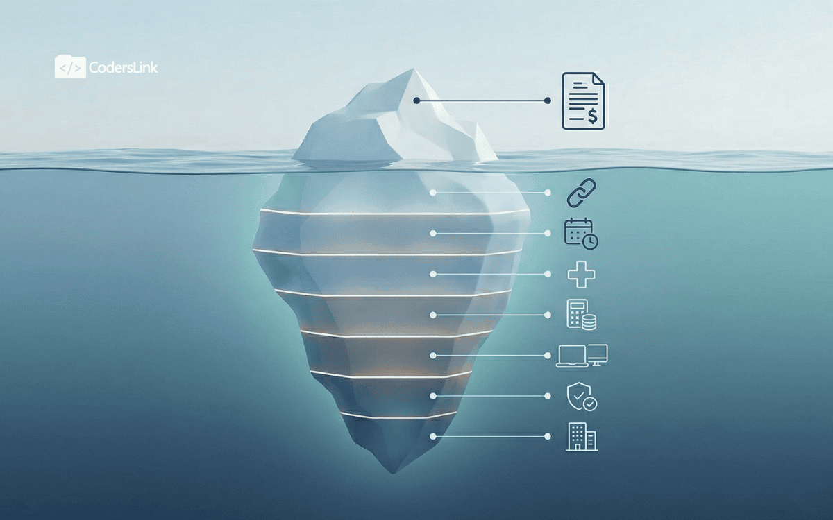 A 3D illustration of an iceberg representing the true cost of a software developer, showing base salary above the water and hidden costs like healthcare, taxes, and equipment layered beneath the surface.